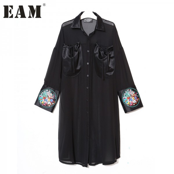 [EAM] 2017 Spring New Korean Women's Black Embroidery  Flowers PU Leather Shirt Dress Patchwork Cuff Chiffon Dresses T05401