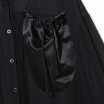 [EAM] 2017 Spring New Korean Women's Black Embroidery  Flowers PU Leather Shirt Dress Patchwork Cuff Chiffon Dresses T05401
