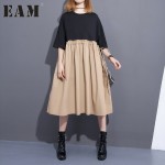 [EAM] 2017 Spring Summer Fashion New Black Khaki Patchwork Dress Loose Ruffle High Waist Corset Dresses Woman T46201