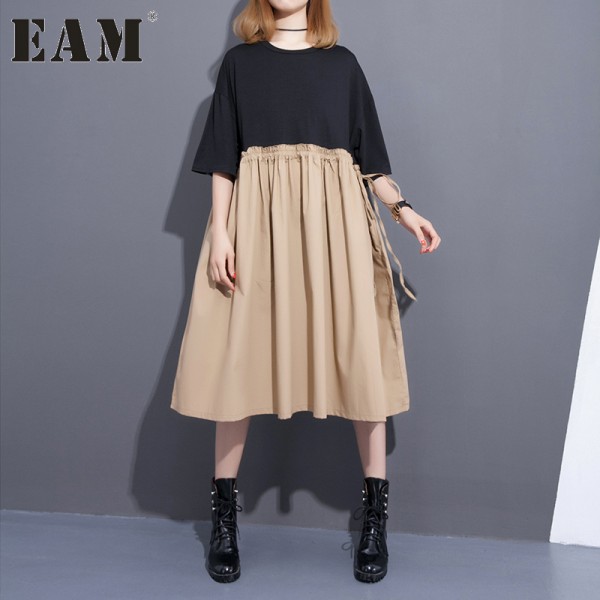 [EAM] 2017 Spring Summer Fashion New Black Khaki Patchwork Dress Loose Ruffle High Waist Corset Dresses Woman T46201