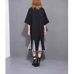 [EAM] 2017 Spring Summer Fashion New Black O Neck Ruffles Patchwork Dress Loose Long Pleated Dresses Woman T21401