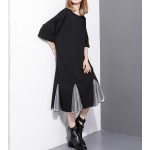 [EAM] 2017 Spring Summer Fashion New Black O Neck Ruffles Patchwork Dress Loose Long Pleated Dresses Woman T21401