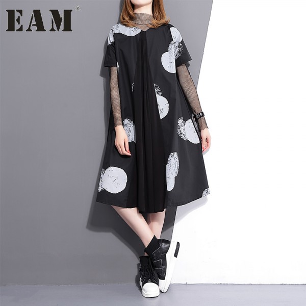 [EAM] 2017 Spring Summer Fashion New Short Sleeve Dot Dress Big Size Loose Draped O Neck Dresses Woman T20901