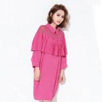 [EAM] 2017 Spring Summer Fashion New Solid Color Chiffon Pleated Dress Turn-down Collar Mesh Slim Dresses Woman T19811