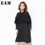 [EAM] 2017 Spring Summer Fashion New Solid Color Chiffon Pleated Dress Turn-down Collar Mesh Slim Dresses Woman T19811