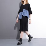 [EAM] 2017 Spring Summer Fashion New White Black  Loose Spelling Cowboy Dress Ruffles Denim Patchwork Dresses Woman T33000