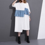 [EAM] 2017 Spring Summer Fashion New White Black  Loose Spelling Cowboy Dress Ruffles Denim Patchwork Dresses Woman T33000