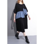 [EAM] 2017 Spring Summer Fashion New White Black  Loose Spelling Cowboy Dress Ruffles Denim Patchwork Dresses Woman T33000