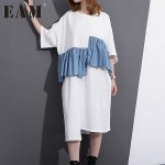 [EAM] 2017 Spring Summer Fashion New White Black  Loose Spelling Cowboy Dress Ruffles Denim Patchwork Dresses Woman T33000