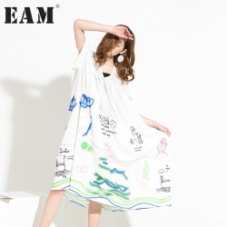 [EAM] 2017 Summer Fashion New Chiffon Patchwork Split Dress Printed Big Size Dresses Short Sleeve Woman 46790