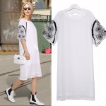[EAM] 2017 Summer Fashion New Solid Color Long Cotton Mesh Dress Flower Embroidery Dresses Woman T12600