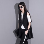 [EAM] 2017 fall and witner women new fashion loose chiffon lapel pleated black vest 1056A