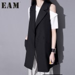[EAM] 2017 fall and witner women new fashion loose chiffon lapel pleated black vest 1056A