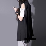 [EAM] 2017 fall and witner women new fashion loose chiffon lapel pleated black vest 1056A