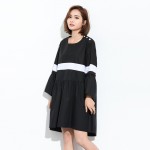 [EAM] 2017 new spring Horn Sleeve Hit Color Round Neck Long sleeve solid color black big size dress women fashion J01101