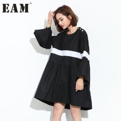 [EAM] 2017 new spring Horn Sleeve Hit Color Round Neck Long sleeve solid color black big size dress women fashion J01101