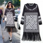 [EAM] 2017 new spring Metal Ring Gauze Split Joint black Geometry Printed round neck long sleeve loose Dress J11701