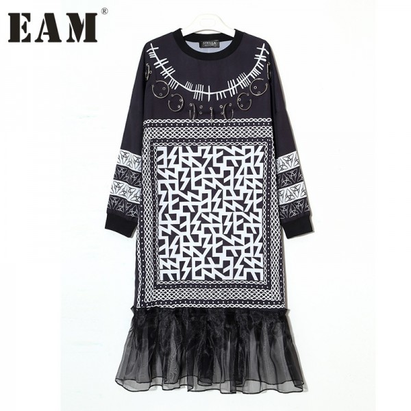 [EAM] 2017 new spring Metal Ring Gauze Split Joint black Geometry Printed round neck long sleeve loose Dress J11701