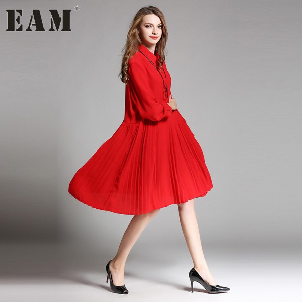 [EAM] 2017 new spring lapel long sleeve solid color black red loose big size dress women fashion tide all-match HAA2761XL