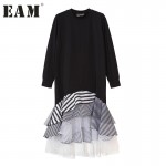 [EAM] 2017 new spring round neck long sleeve  black split joint striped dress women fashion tide all-match HAA3931