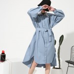[EAM] 2017 new stand color long sleeve solid color black blue belt big size loose dress women fashion tide A00235