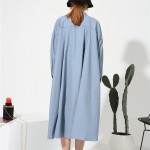 [EAM] 2017 new stand color long sleeve solid color black blue belt big size loose dress women fashion tide A00235