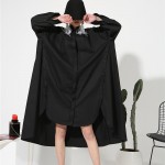 [EAM] 2017 new stand color long sleeve solid color black blue belt big size loose dress women fashion tide A00235