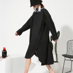 [EAM] 2017 new stand color long sleeve solid color black blue belt big size loose dress women fashion tide A00235