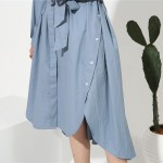 [EAM] 2017 new stand color long sleeve solid color black blue belt big size loose dress women fashion tide A00235