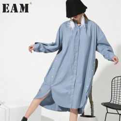 [EAM] 2017 new stand color long sleeve solid color black blue belt big size loose dress women fashion tide A00235