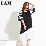 [EAM] 2017 summer Fashion New Striped Patchwork Pu Leather Sleeve Dress Korean Chiffon Pleated Dresses Woman T12901