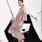 [EAM] 2017summer new Korean temperament loose short-sleeved striped strapless flounced harness colorful dress women tide AS11699