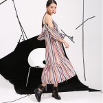 [EAM] 2017summer new Korean temperament loose short-sleeved striped strapless flounced harness colorful dress women tide AS11699