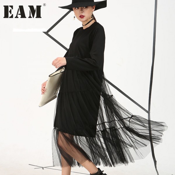 [EAM] 2018 Spring Autum New Harbor Black Color Stitching Perspective Gauze Loose Large Size Long-sleeved Mesh Dress Women AS3361