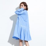 [EAM] Plus size 2017 Spring Fashion New Solid Lapel Single Buckle Long Sleeve Cloose Pleated Dress Woman Big size Y06401