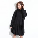 [EAM] Plus size 2017 Spring Fashion New Solid Lapel Single Buckle Long Sleeve Cloose Pleated Dress Woman Big size Y06401