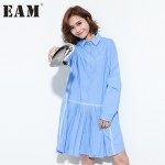 [EAM] Plus size 2017 Spring Fashion New Solid Lapel Single Buckle Long Sleeve Cloose Pleated Dress Woman Big size Y06401