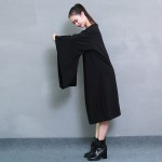 [EAM] Plus size 2017 Spring Fashion New Vintage Flare Sleeves Solid Color Loose Big size Dress Woman Y08901