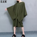 [EAM] Plus size 2017 Spring Fashion New Vintage Flare Sleeves Solid Color Loose Big size Dress Woman Y08901