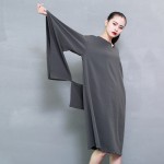 [EAM] Plus size 2017 Spring Fashion New Vintage Flare Sleeves Solid Color Loose Big size Dress Woman Y08901