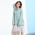 [EAM] Plus size 2017Spring Fashion New Green Strips Split Joint Nail Pearl Gauze Hem Long Sleeve Dress Woman Big sizeY05006