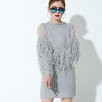 [EAM] new Fashion stitching knitting lantern sleeves  long-sleeved gray color short dress women temperament tide 1KTQ