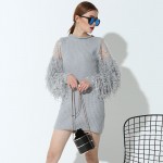 [EAM] new Fashion stitching knitting lantern sleeves  long-sleeved gray color short dress women temperament tide 1KTQ