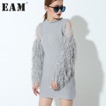 [EAM] new Fashion stitching knitting lantern sleeves  long-sleeved gray color short dress women temperament tide 1KTQ