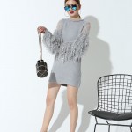 [EAM] new Fashion stitching knitting lantern sleeves  long-sleeved gray color short dress women temperament tide 1KTQ