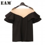 [EAM]2017new spring o-neck short sleeve Lotus Leaf Side Split Joint Perspective Sexy Gauze T-shirt women fashion J02801S