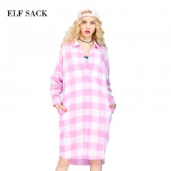 ELF SACK 2017 Spring Female Plaid Printed Literature Long Sleeve Shirt-Dresses Women Oversize Colorful Plaid Plus Size One-piece