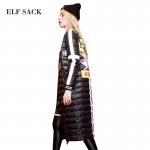 ELF SACK Winter Women Down Coats Fashion Letter Print Graffiti Long Outerwear Long-Sleeve Stripe Appliques Down Coats 