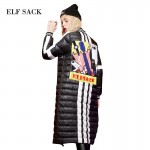 ELF SACK Winter Women Down Coats Fashion Letter Print Graffiti Long Outerwear Long-Sleeve Stripe Appliques Down Coats 