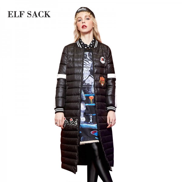 ELF SACK Winter Women Down Coats Fashion Letter Print Graffiti Long Outerwear Long-Sleeve Stripe Appliques Down Coats 